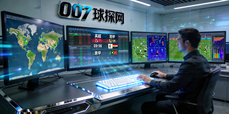 007球探网分析师在多个屏幕前进行全球足球数据整合与实时比分分析的场景